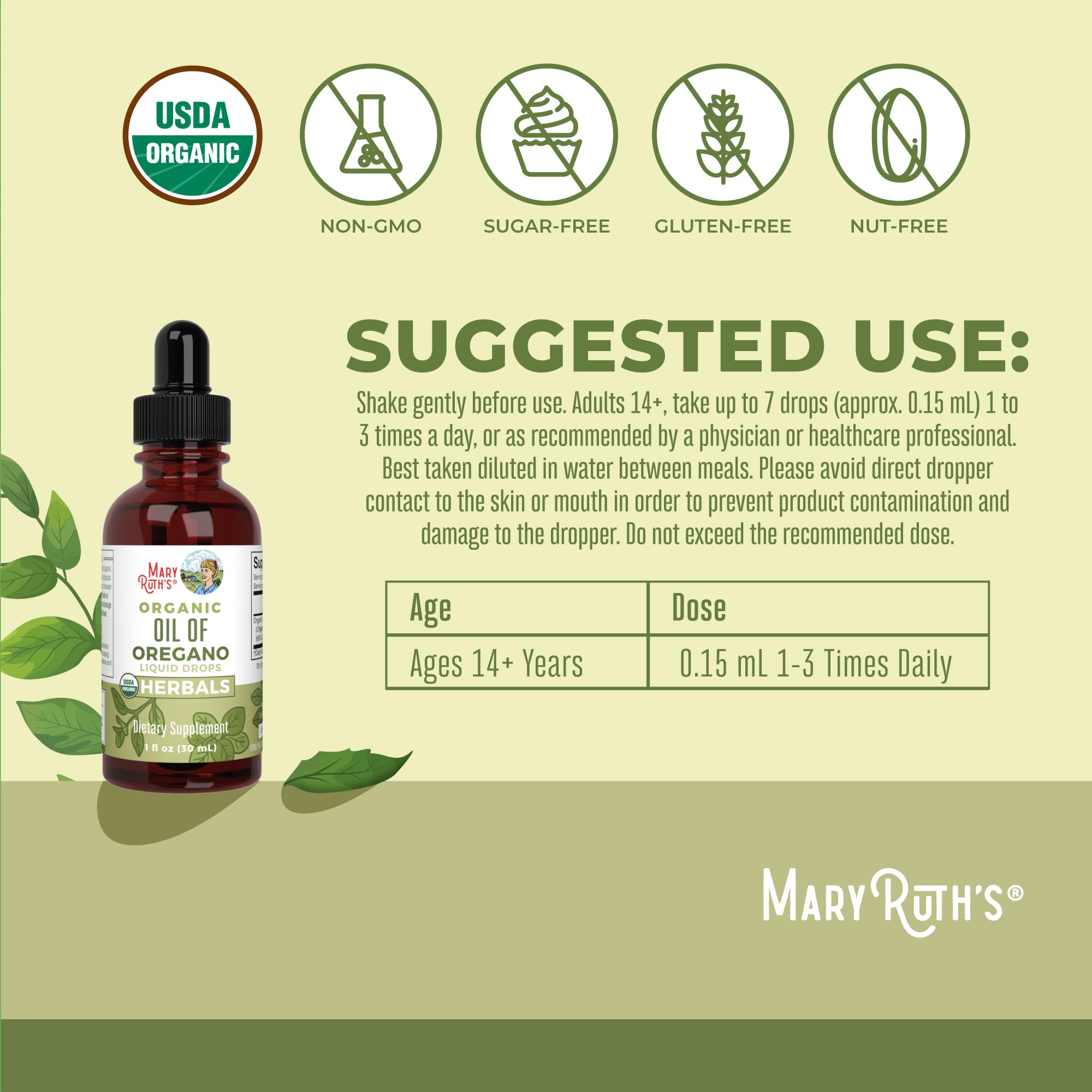 MaryRuth's Oregano Oil Drops label highlighting USDA Organic certification