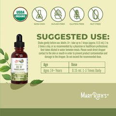 MaryRuth's Oregano Oil Drops label highlighting USDA Organic certification