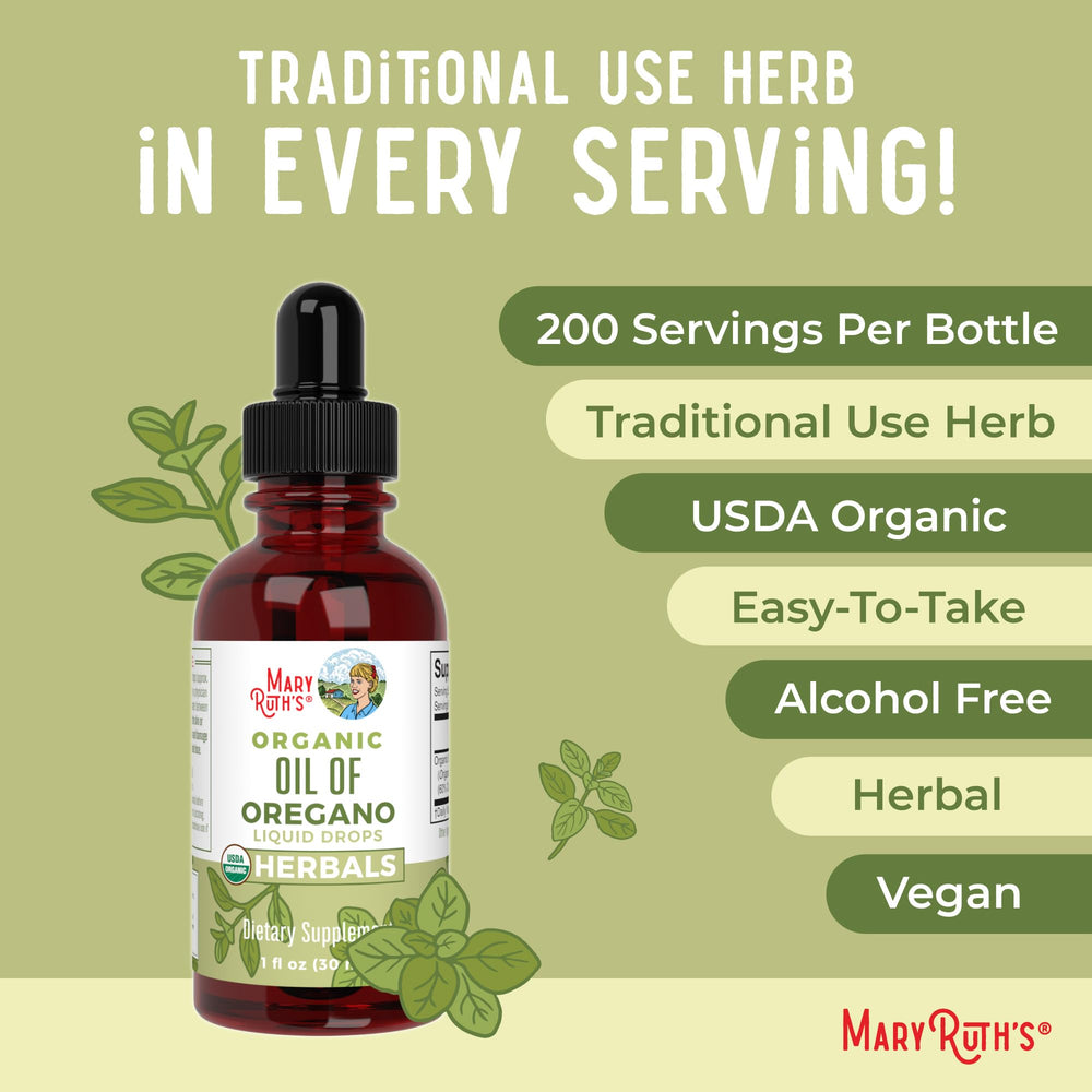 MaryRuth's Oregano Oil Drops vegan and non-GMO ingredients on label
