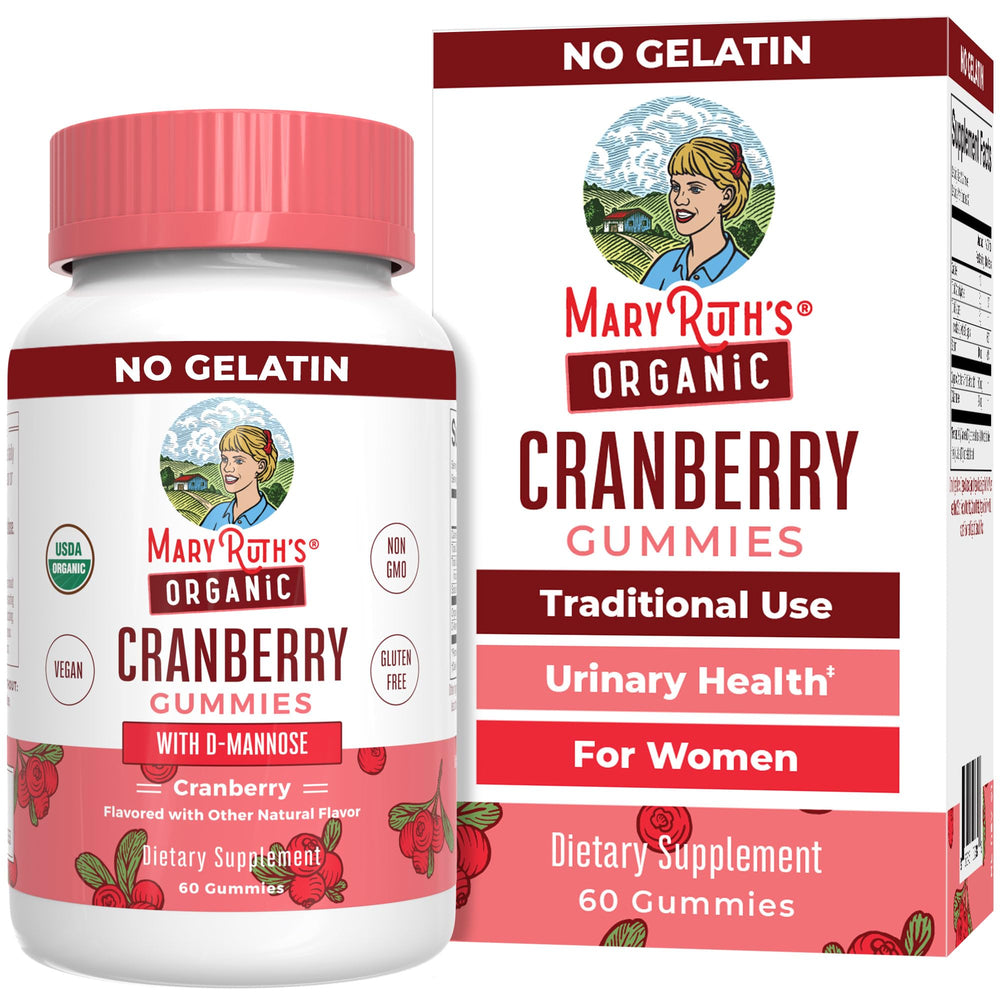 MaryRuth's Organic Cranberry Gummies bottle pour showing daily dosage for urinary health support