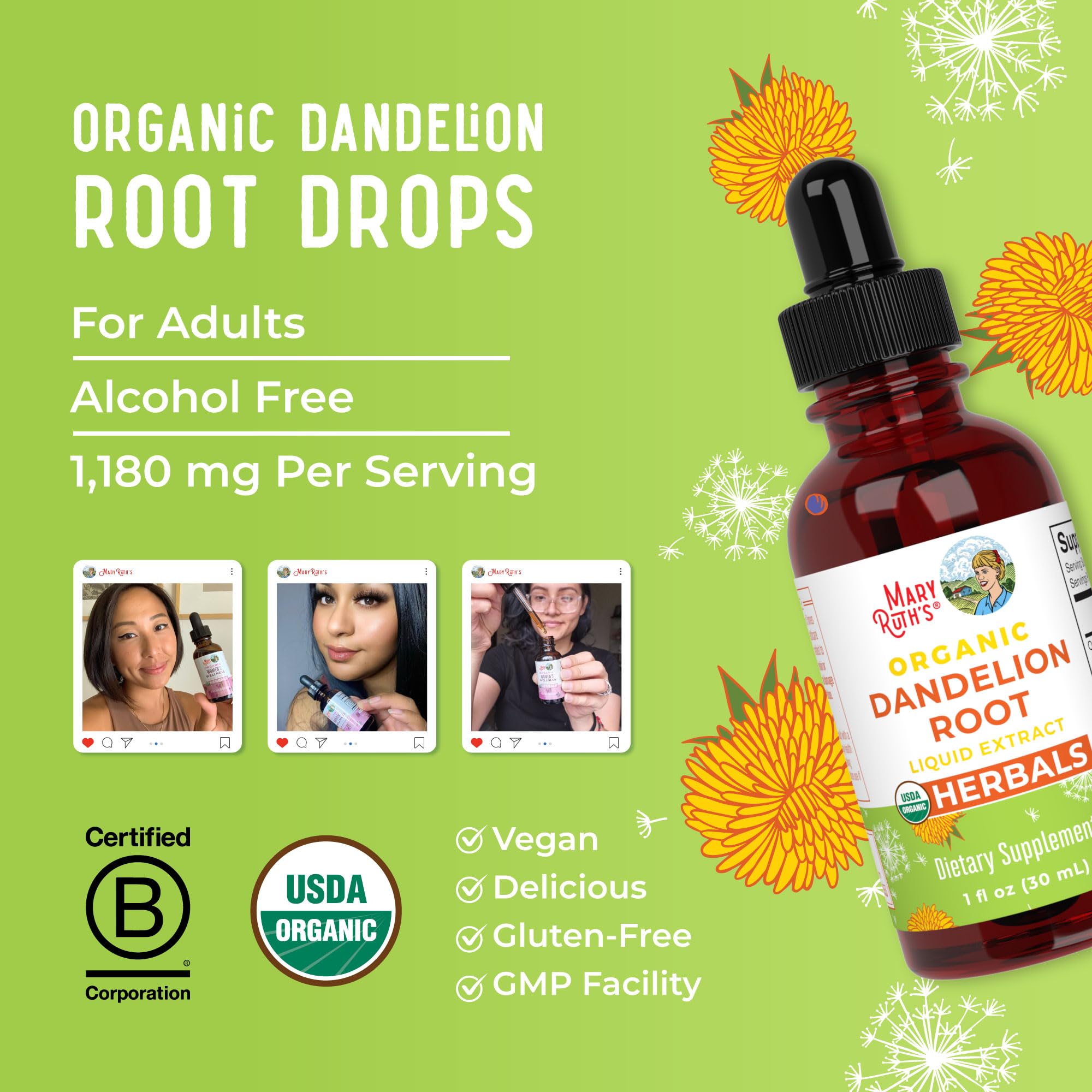 MaryRuth's Dandelion Root Glass Bottle conveys premium packaging quality.