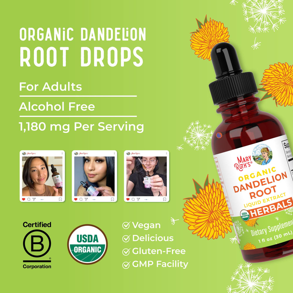 MaryRuth's Dandelion Root Glass Bottle conveys premium packaging quality.