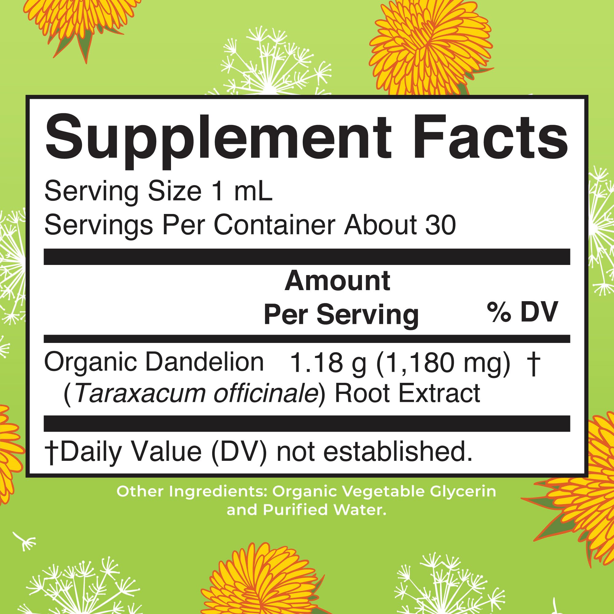 MaryRuth's Dandelion Root Liquid Dropper enables precise 1 mL servings.