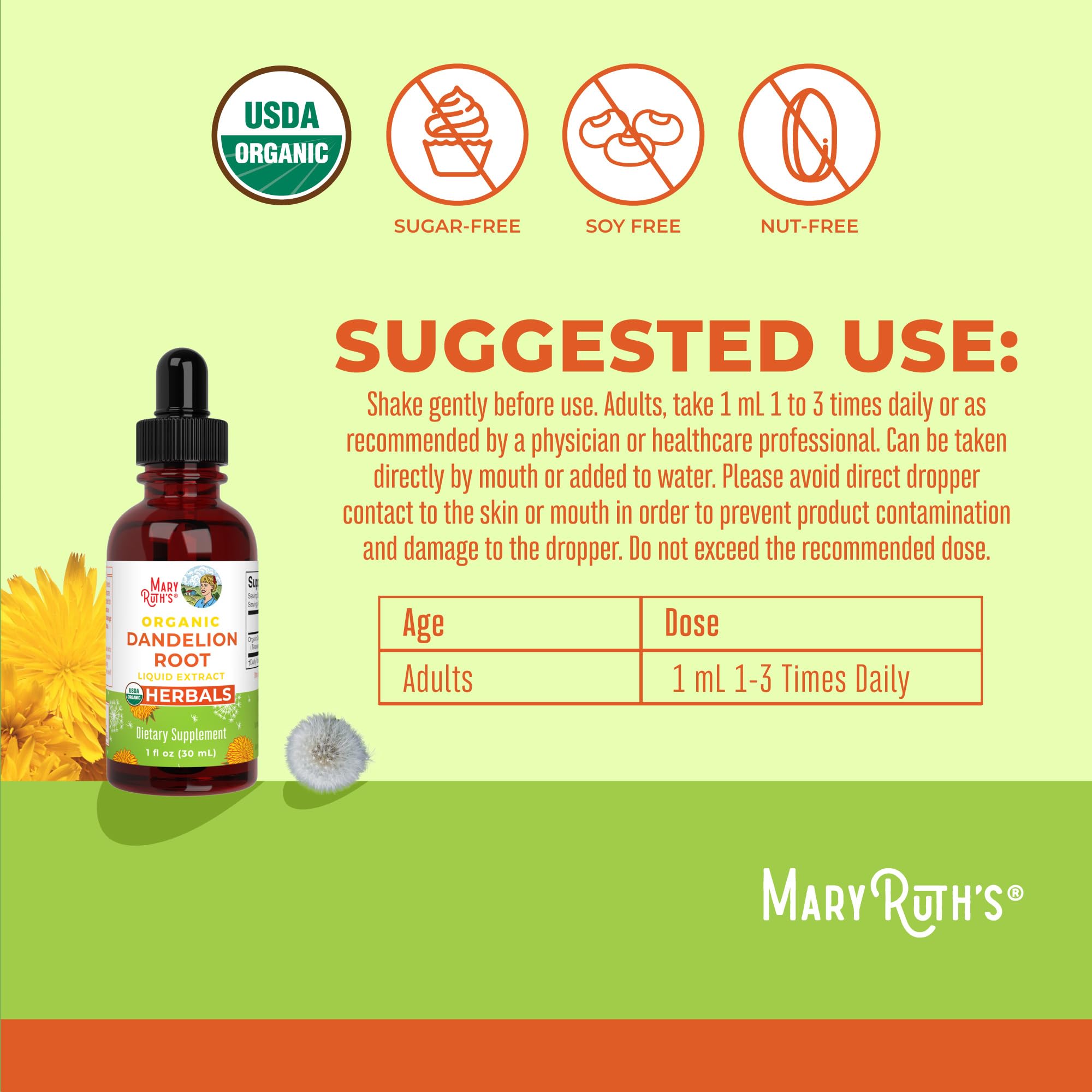 Amber-tinted MaryRuth's Dandelion Root Liquid Tincture in a premium bottle.