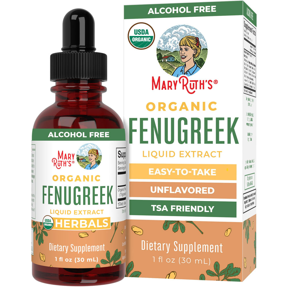 MaryRuth's Organic Fenugreek Seed Liquid Extract bottle pour for easy daily dosing.