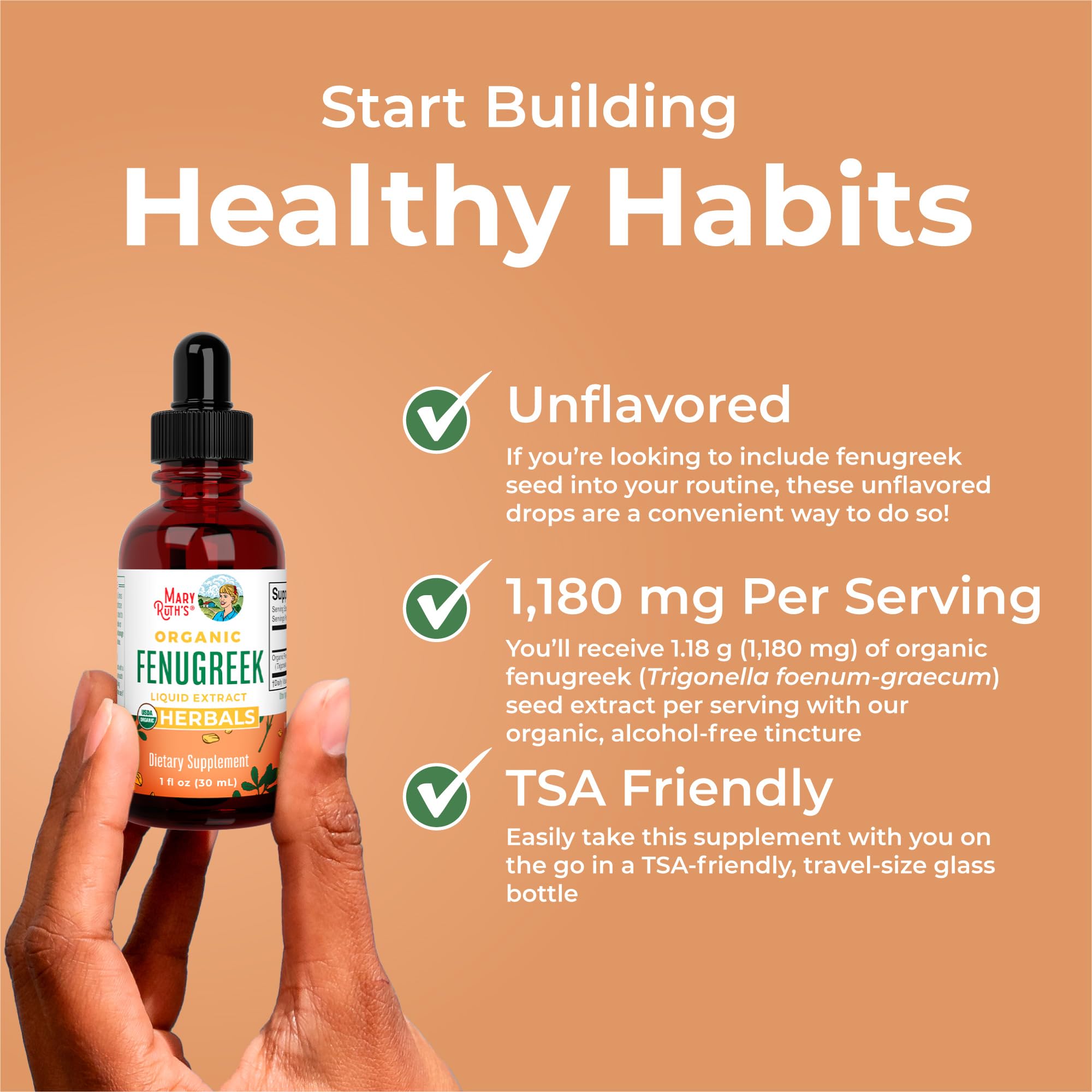 MaryRuth's Organic Fenugreek 1 mL dosage close-up for precise use.