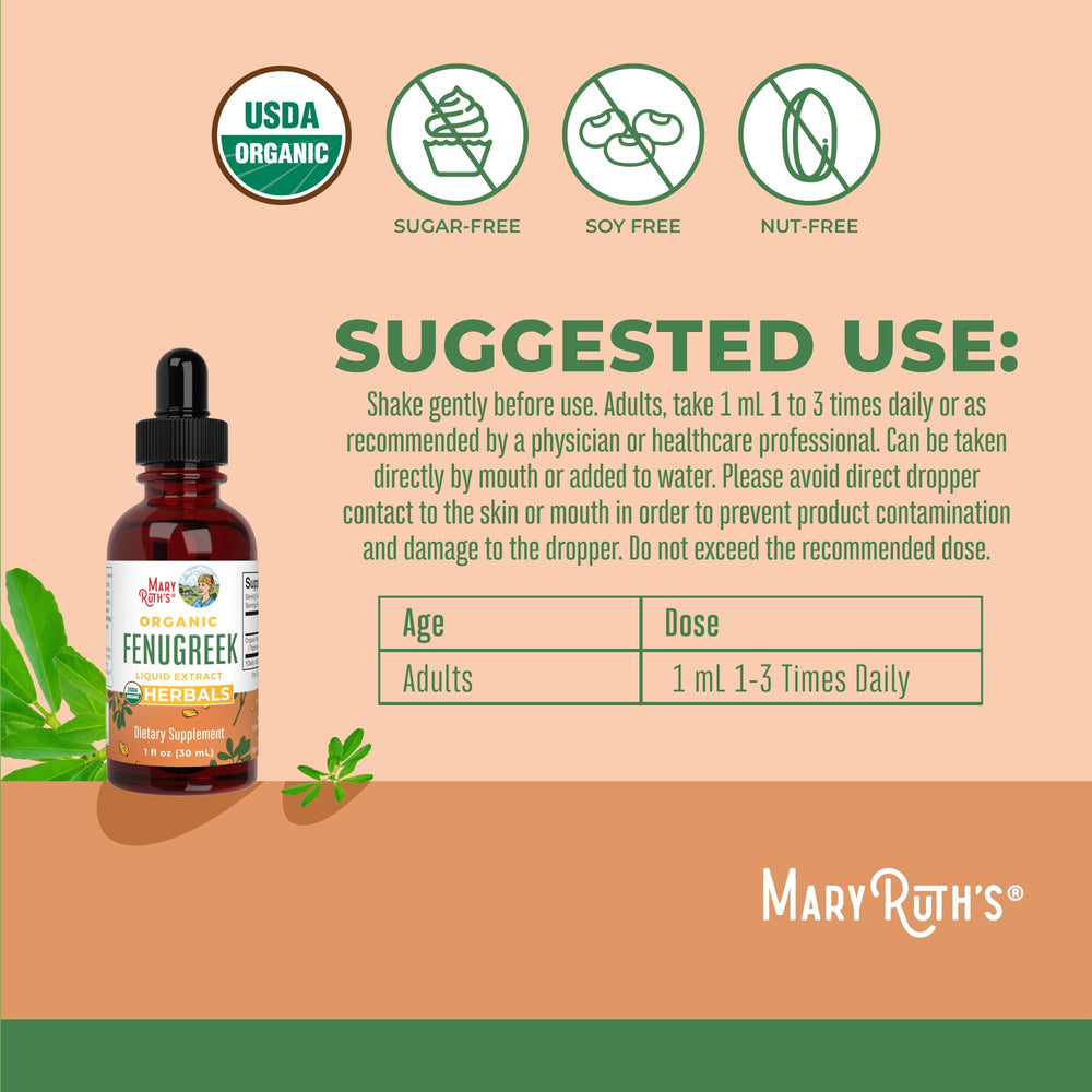 MaryRuth's Organic Fenugreek Seed Liquid Extract glass bottle front view.