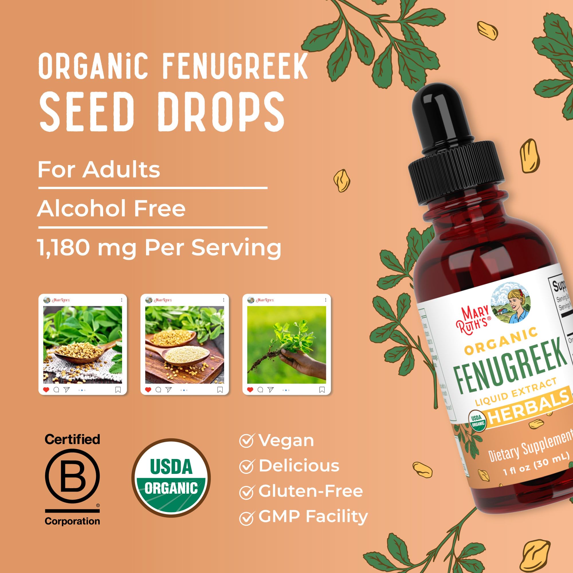 MaryRuth's Fenugreek Liquid Extract vegan label on the bottle.