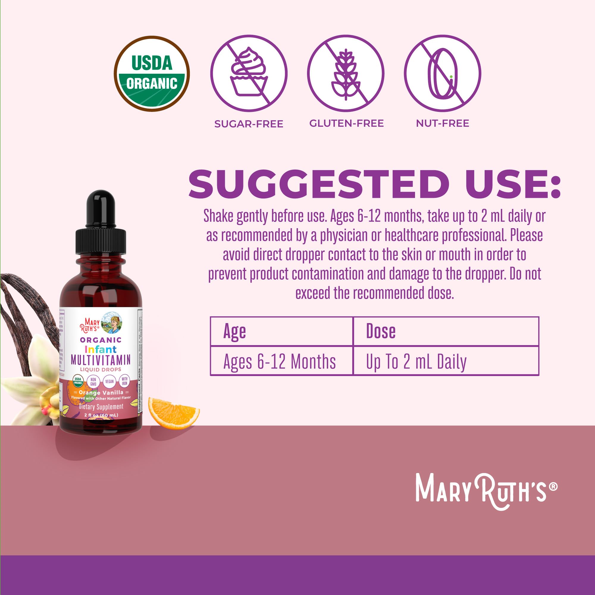 MaryRuth's infant vitamin bottle label shows USDA Organic and vegan credentials