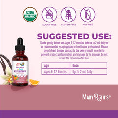 MaryRuth's infant vitamin bottle label shows USDA Organic and vegan credentials