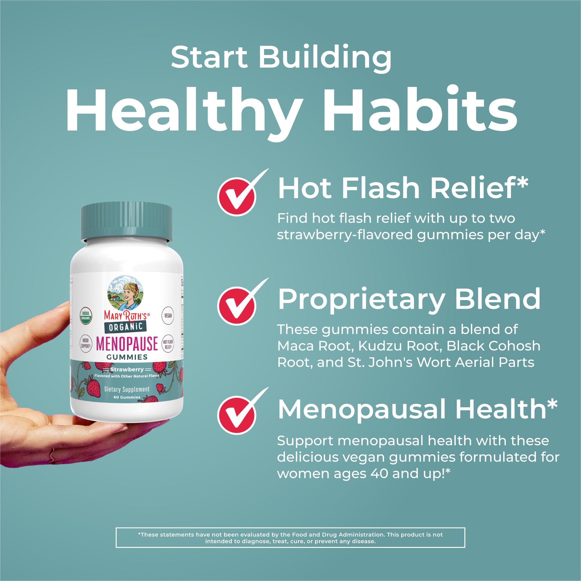 Ingredients panel shows maca, kudzu, and black cohosh blend for menopause support