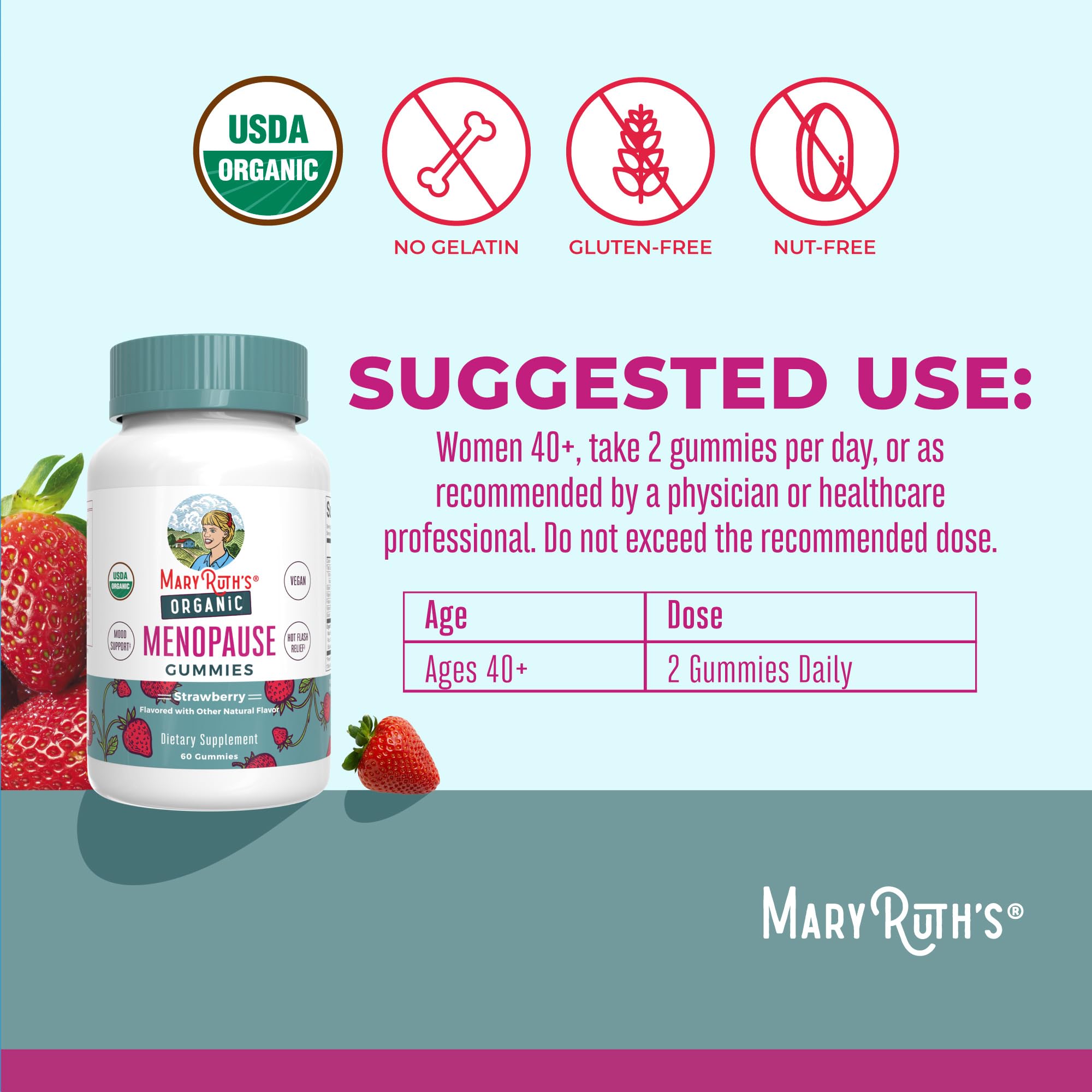 MaryRuth's Organic Menopause Gummies label highlighting vegan organic ingredients