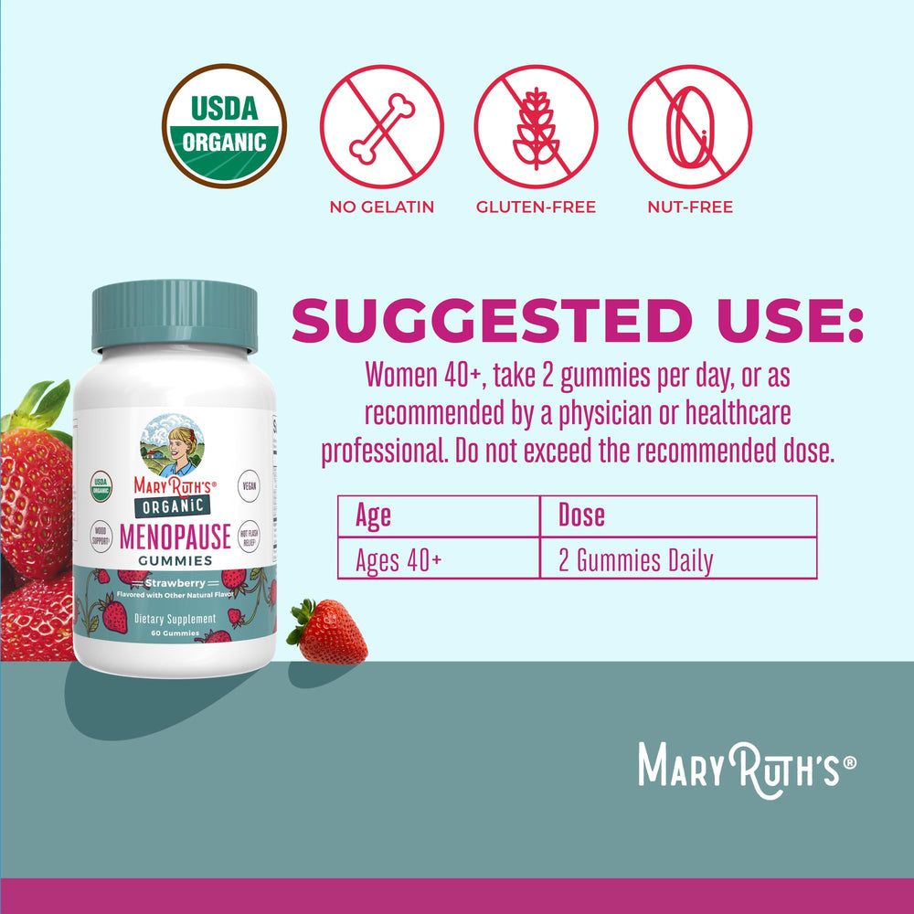 MaryRuth's Organic Menopause Gummies label highlighting vegan organic ingredients