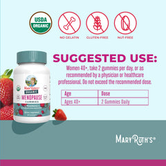MaryRuth's Organic Menopause Gummies label highlighting vegan organic ingredients