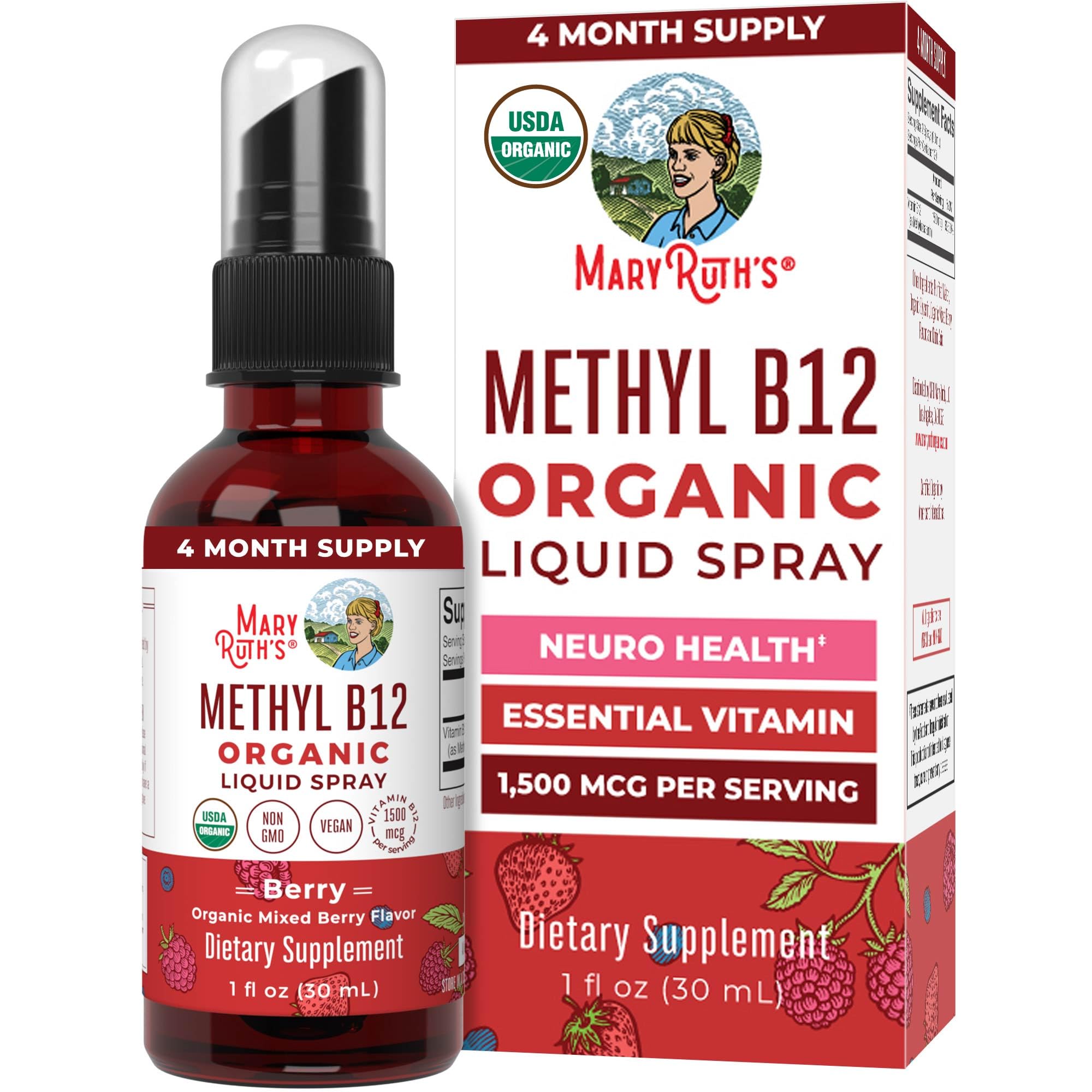 MaryRuth's Methyl B12 spray bottle front view for convenient energy support.
