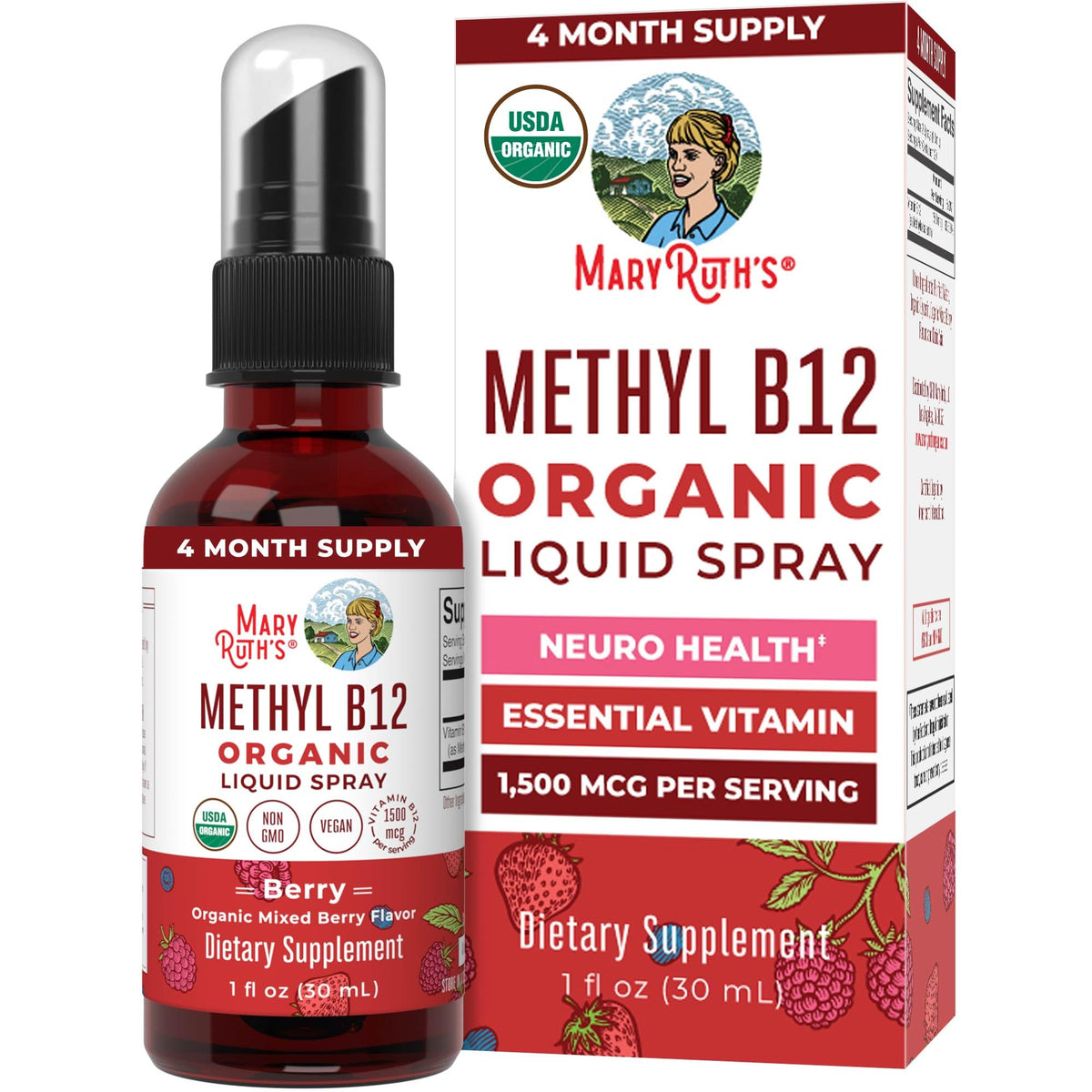 MaryRuth's Methyl B12 spray bottle front view for convenient energy support.