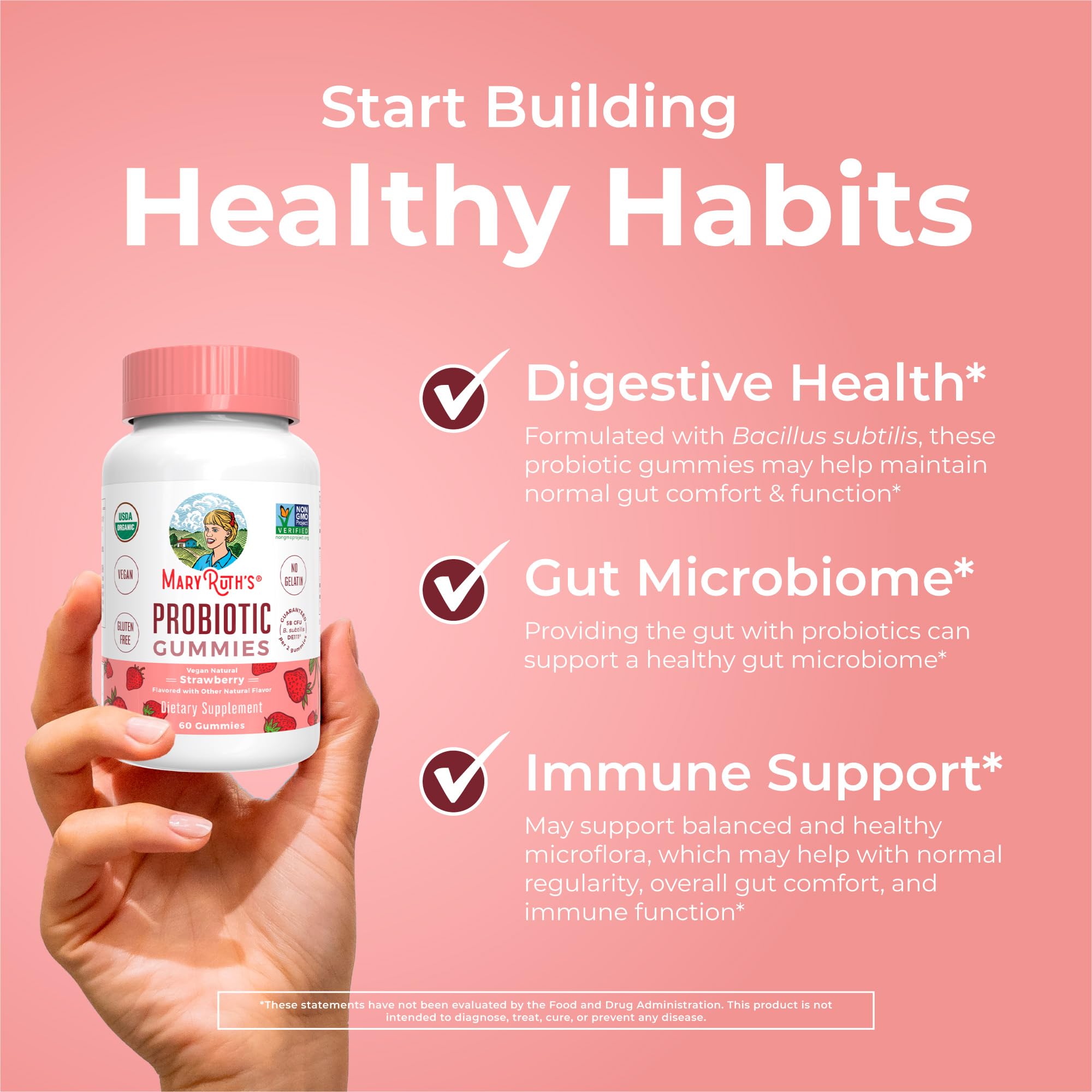 MARYRUTH'S probiotic gummies 60-count bottle image highlights servings