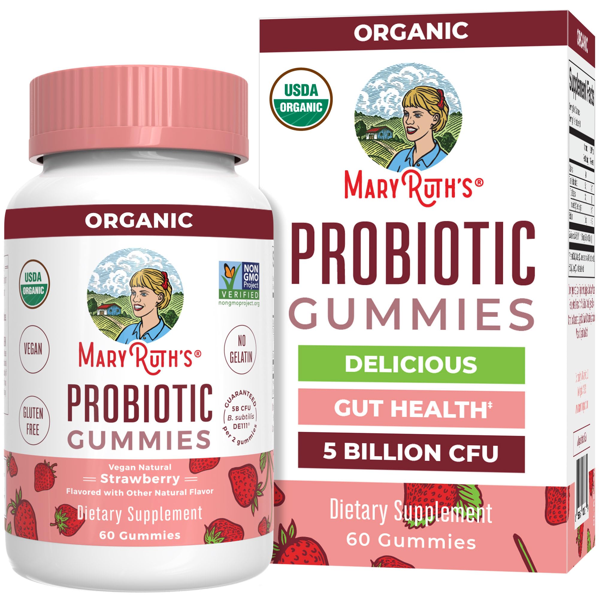 MARYRUTH'S Organic Probiotic Gummies bottle for strawberry flavor and gut support