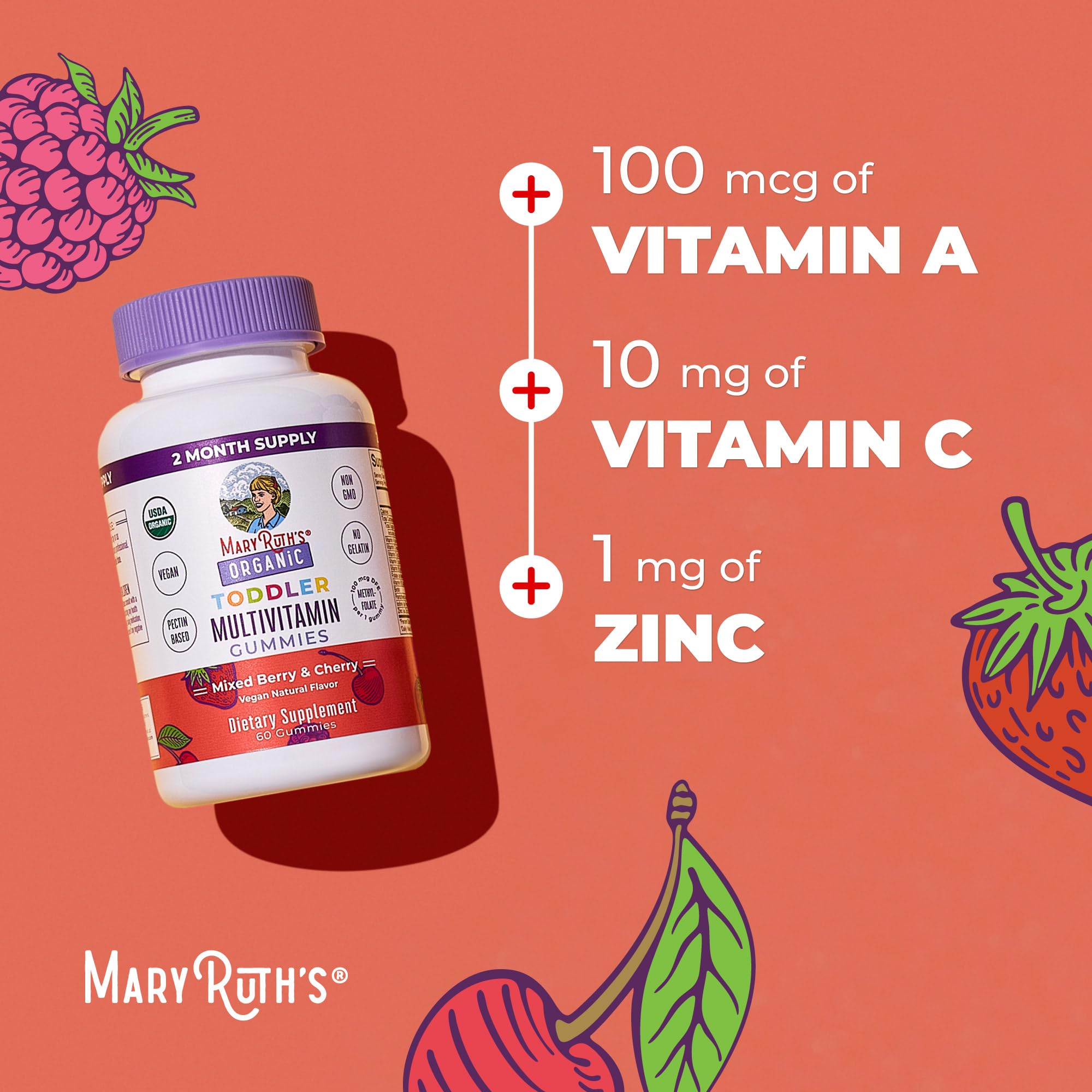 MARYRUTH'S serving visual shows one gummy per day for kids.