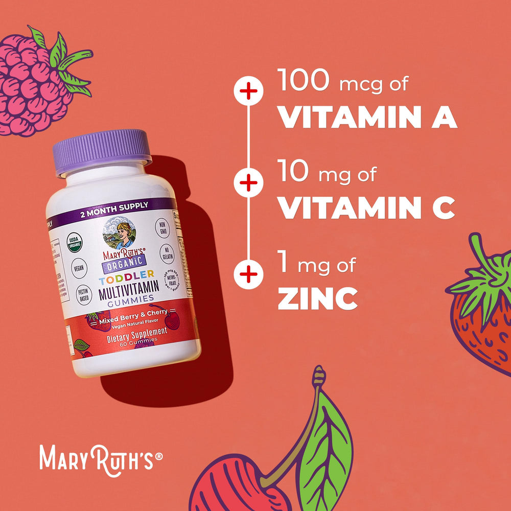 MARYRUTH'S serving visual shows one gummy per day for kids.