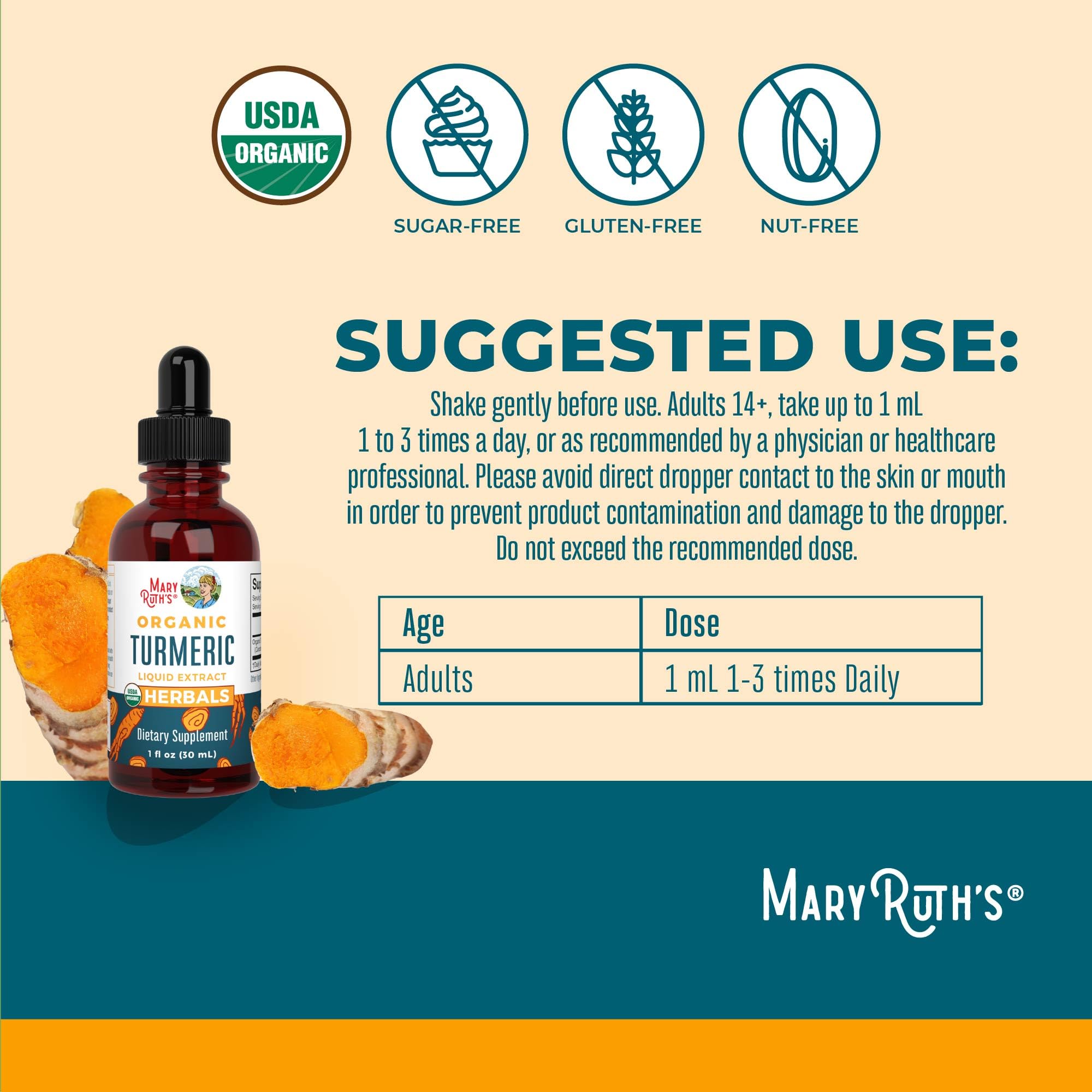 MARYRUTH'S Organic Turmeric Liquid Extract label highlights USDA Organic and vegan certifications.