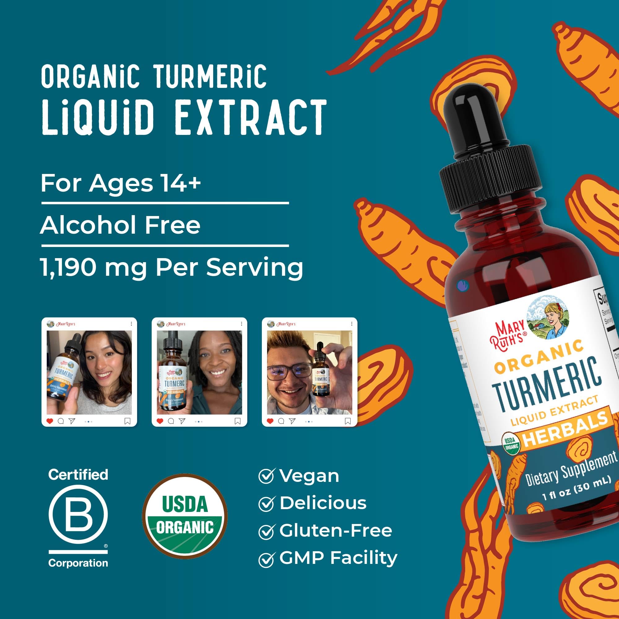 MARYRUTH'S bottle with icons highlights non-GMO and dairy-free ingredients.