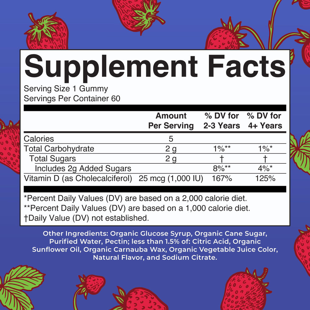 MaryRuth's Vitamin D3 Gummies label close-up highlighting organic vegan formula