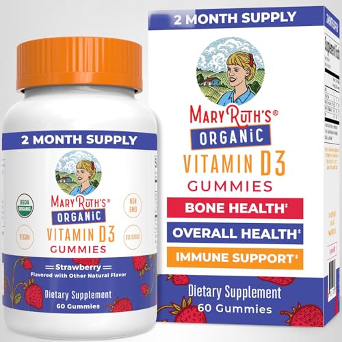 MaryRuth's Organic Vitamin D3 Gummies bottle beside a glass of water