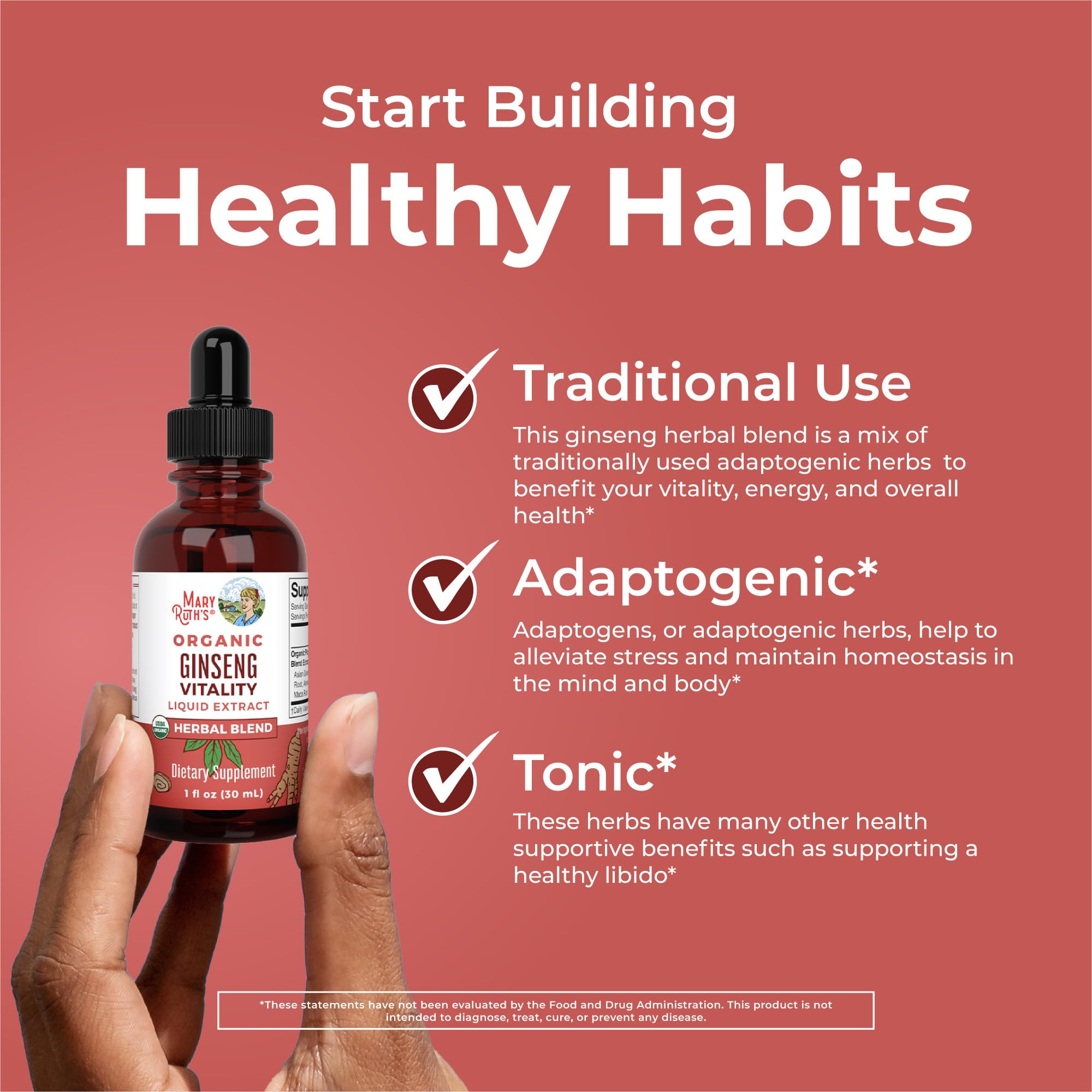 MARYRUTH'S Organics adaptogens herbs close-up shows balanced stress response potential