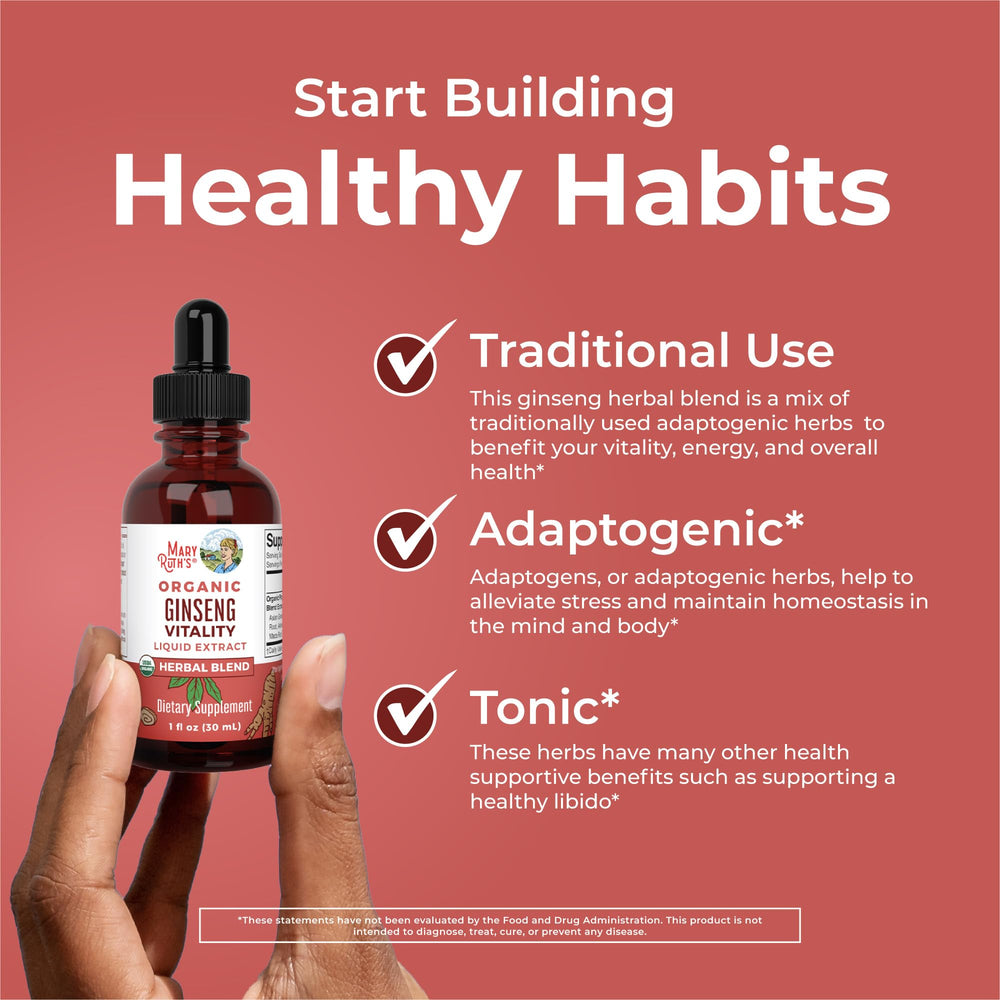 MARYRUTH'S Organics adaptogens herbs close-up shows balanced stress response potential