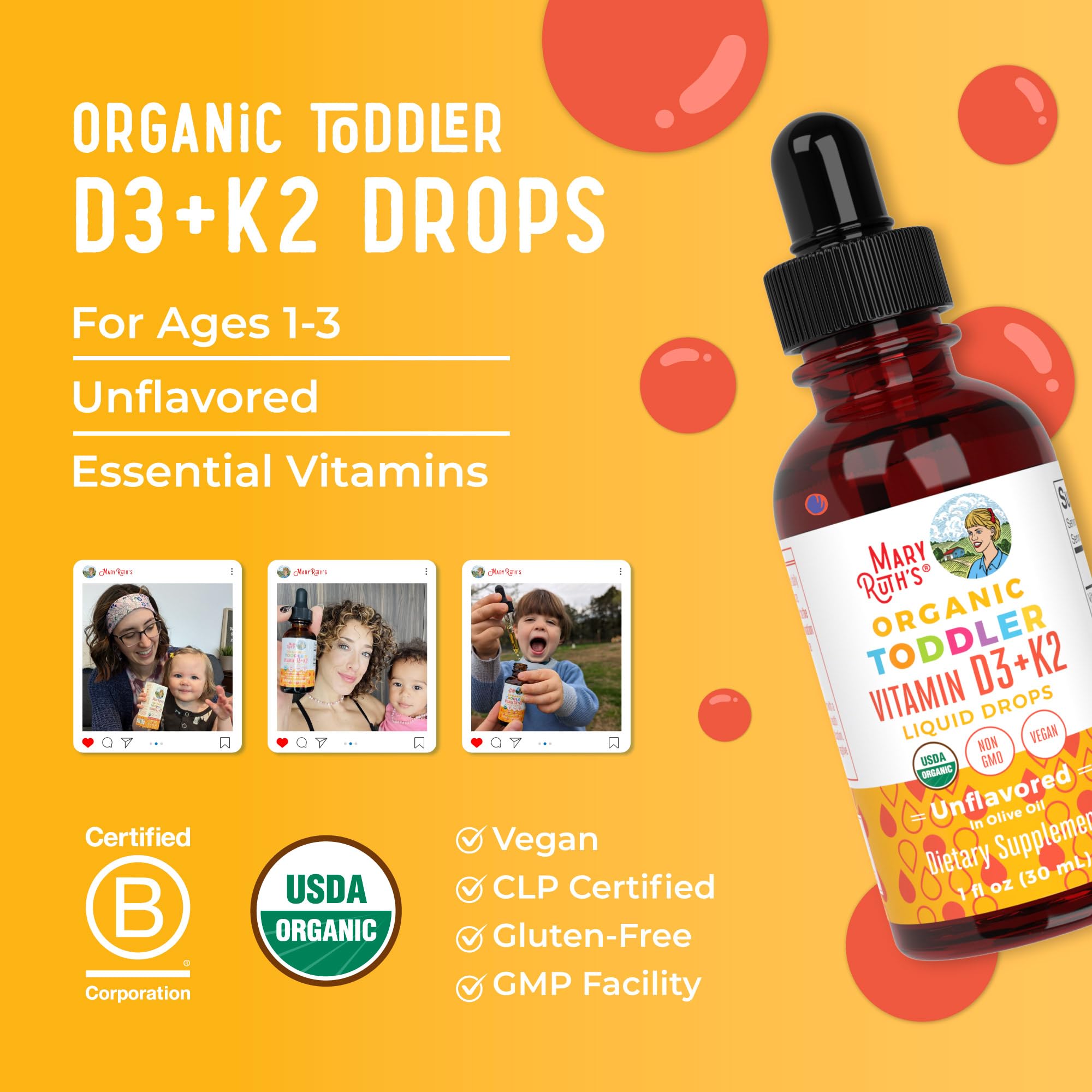 MARYRUTH'S Organics D3+K2 packaging with Clean Label Project and B Corp logos.