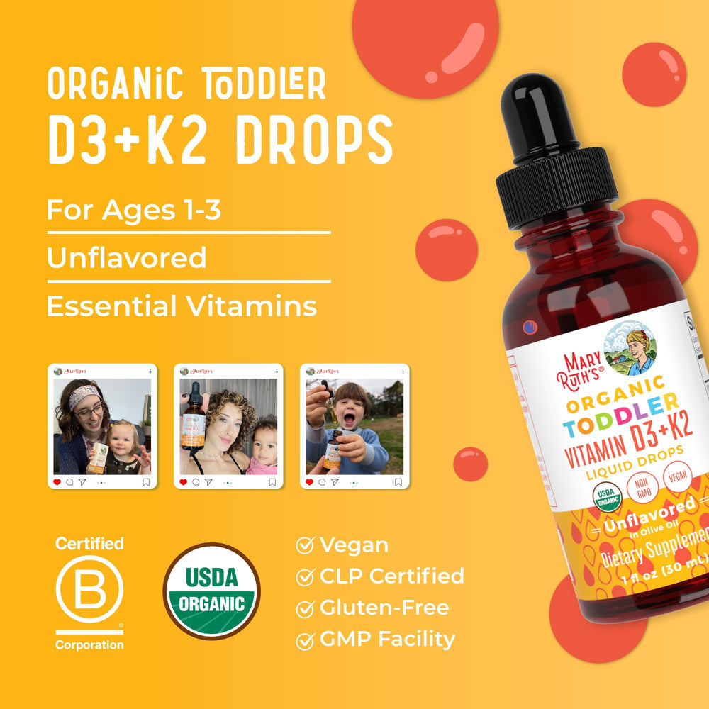 MARYRUTH'S Organics D3+K2 packaging with Clean Label Project and B Corp logos.