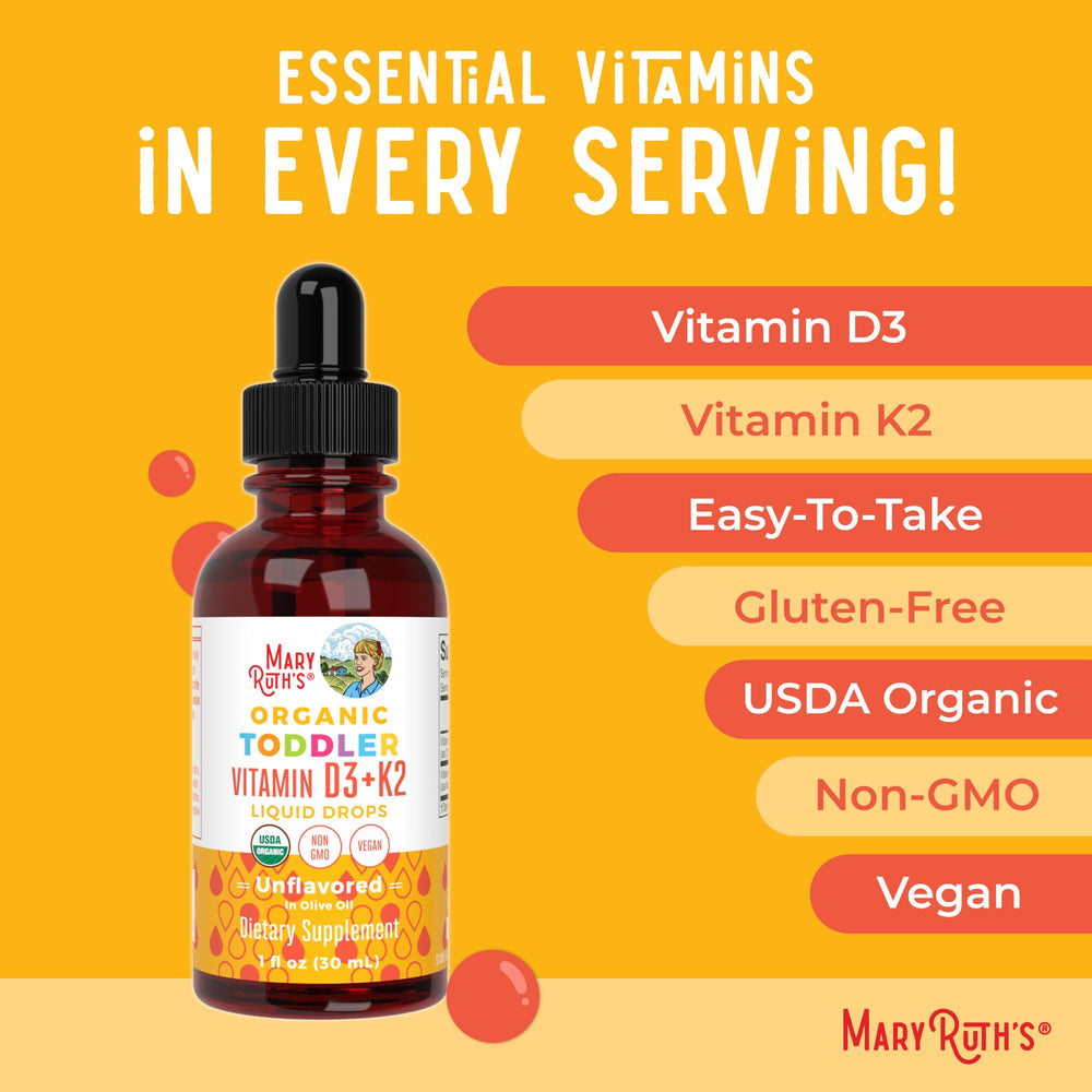 MARYRUTH'S Organics D3+K2 label shows vegan and gluten-free features.
