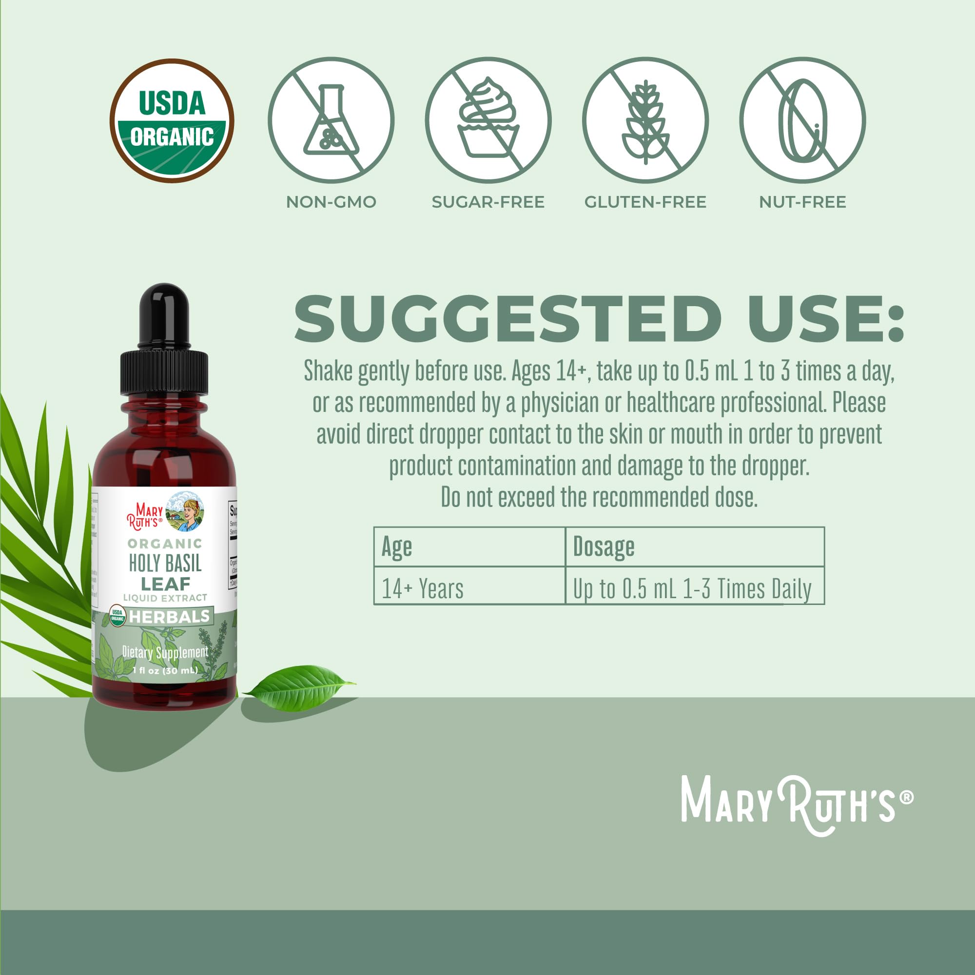 Close-up of Holy Basil label highlighting vegan non-GMO ingredients
