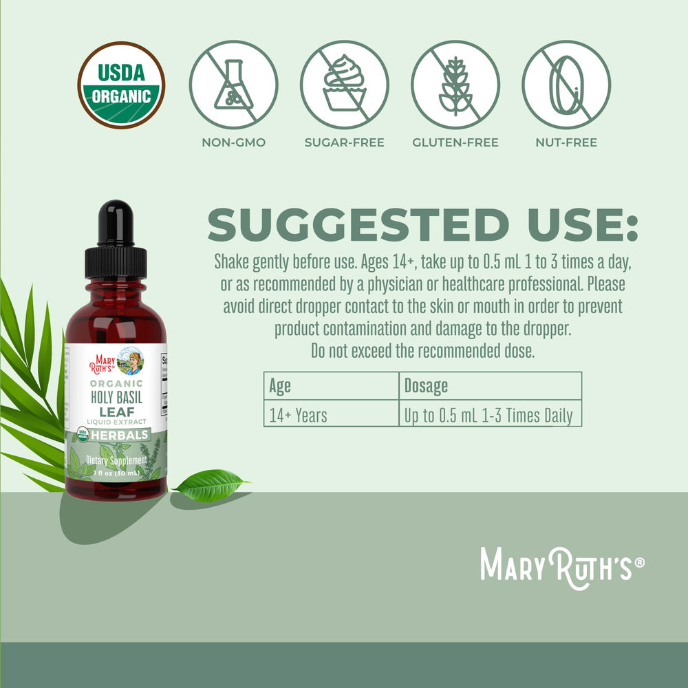 Close-up of Holy Basil label highlighting vegan non-GMO ingredients
