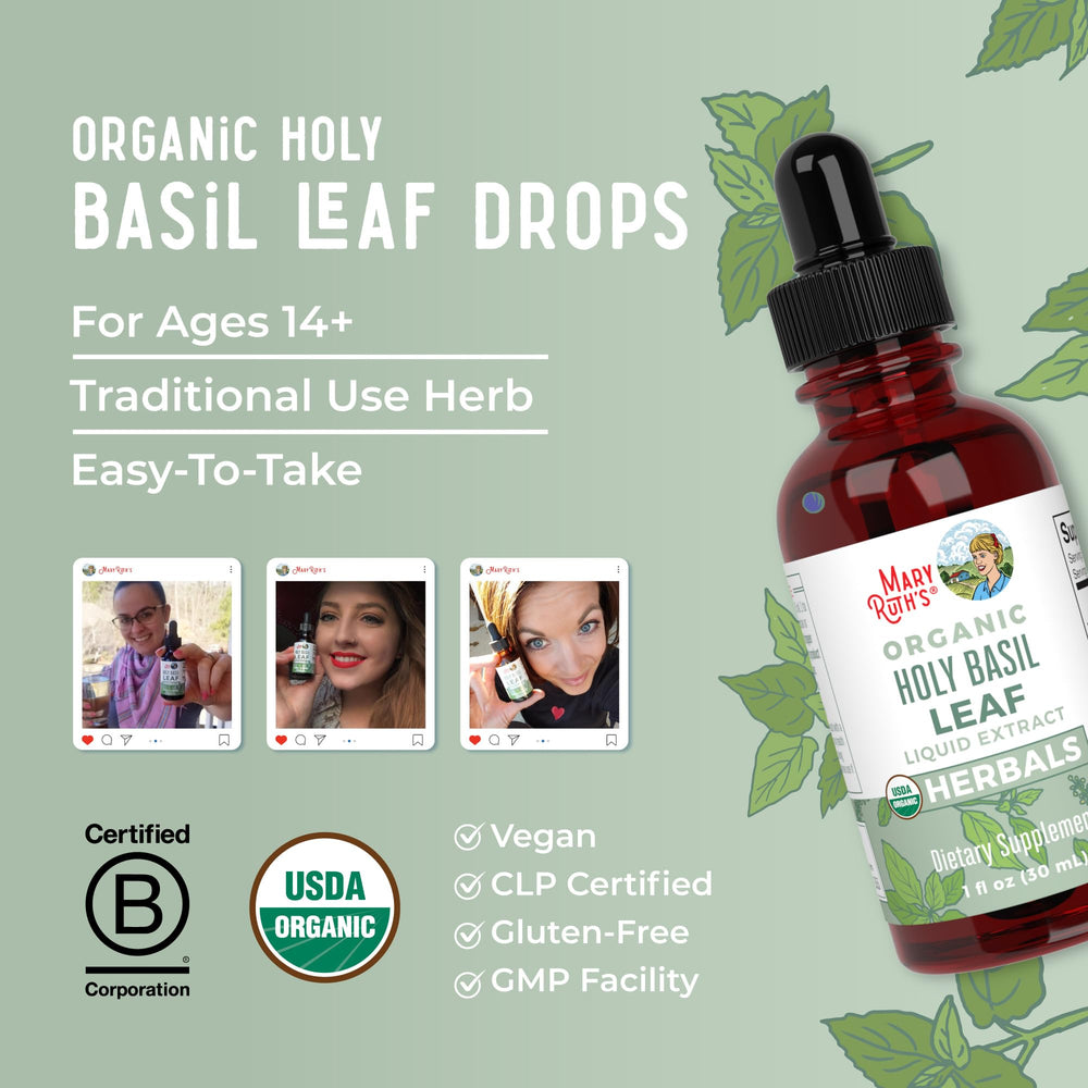 Side view of the Holy Basil label noting sugar-free and vegan attributes