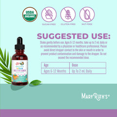 MARYRUTH'S Organics infant multivitamin drops orange-vanilla flavor on label highlighting vegan ingredients