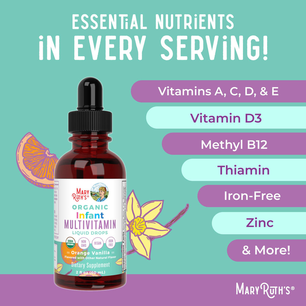 MARYRUTH'S Organics non-GMO infant multivitamin label emphasizes organic ingredients
