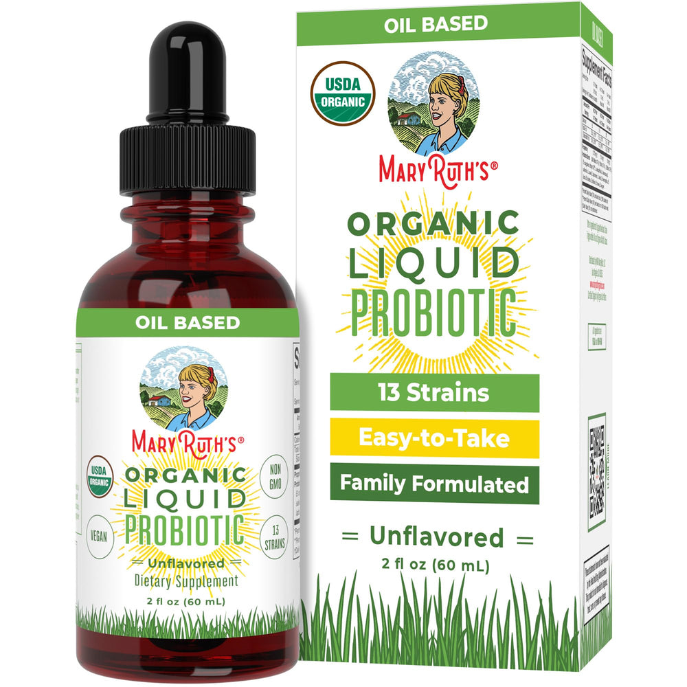 MaryRuth's Organics Liquid Probiotic bottle with label signaling family gut support