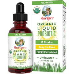 MaryRuth's Organics Liquid Probiotic bottle with label signaling family gut support