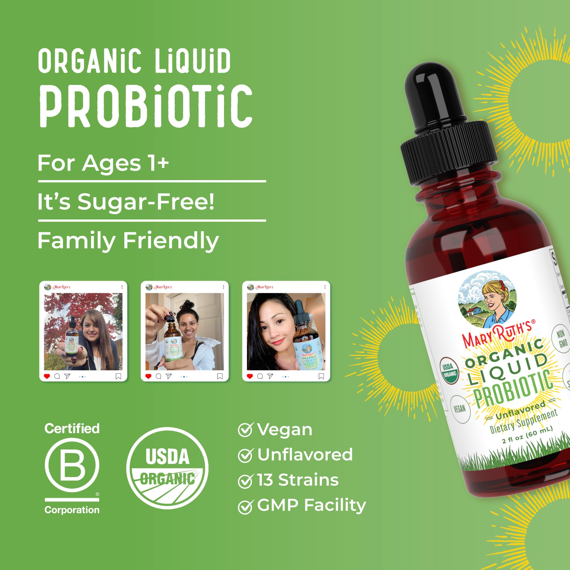 MaryRuth's Organic Probiotic bottle emphasizes dairy-free and gluten-free features