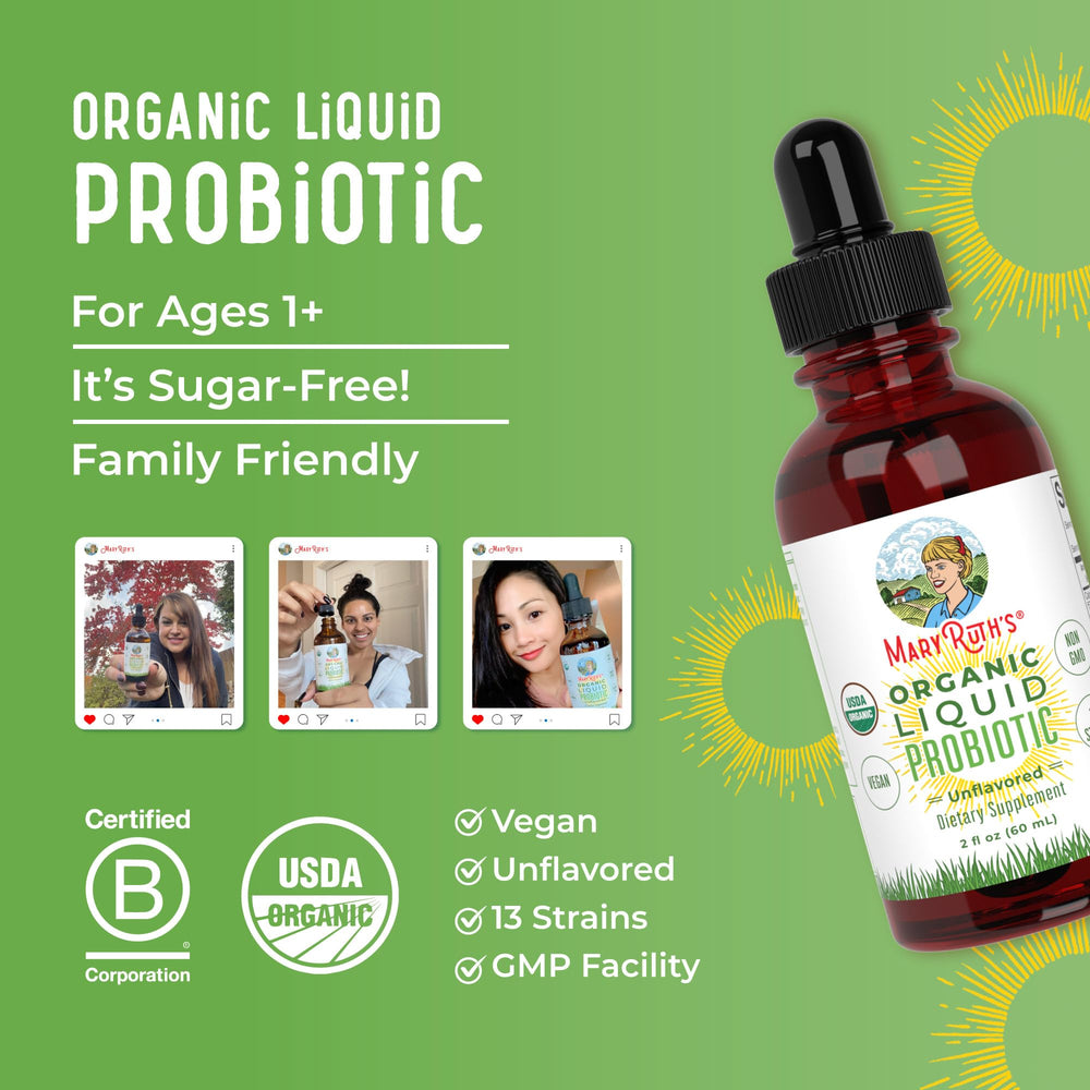 MaryRuth's Organic Probiotic bottle emphasizes dairy-free and gluten-free features