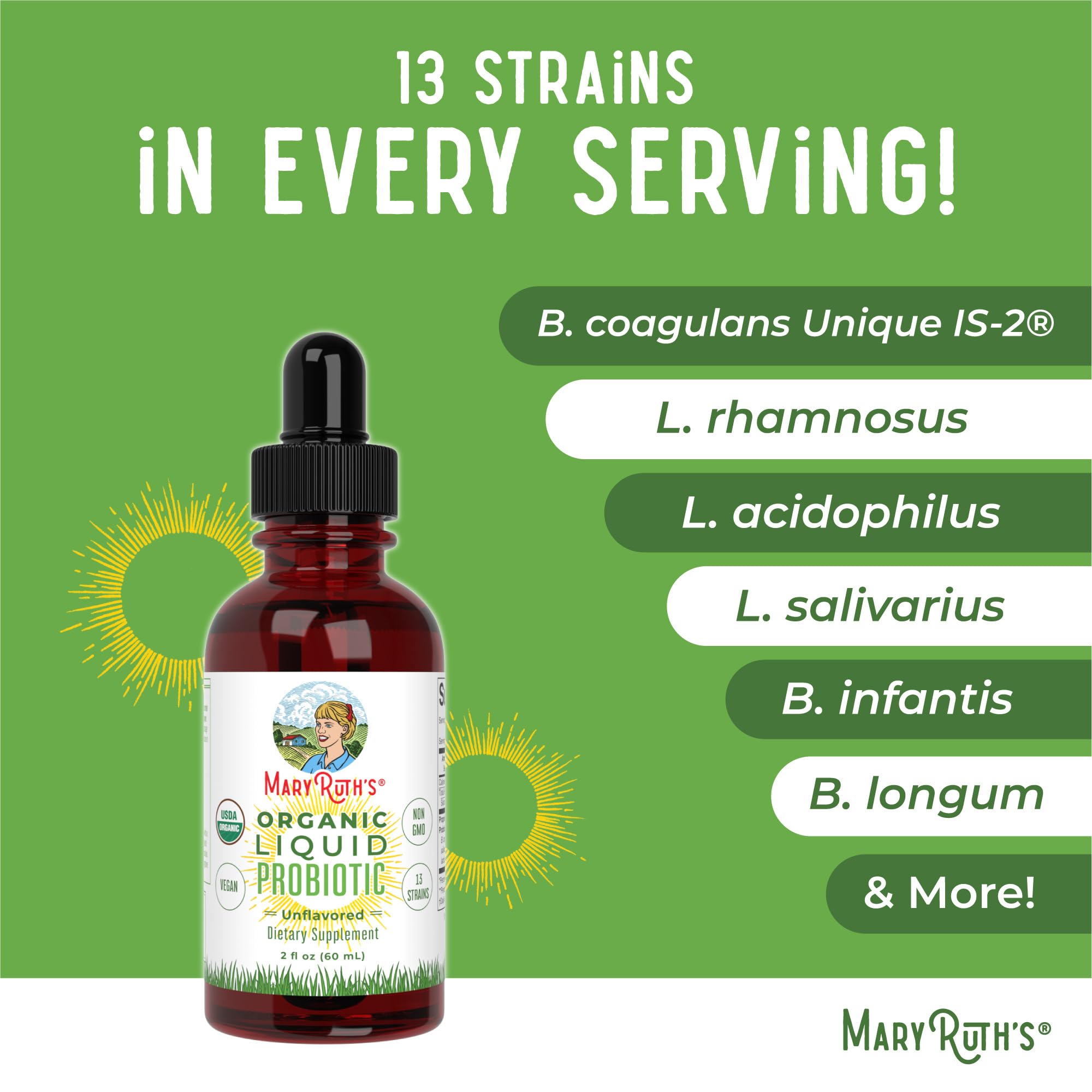 MaryRuth's Organics Liquid Probiotic label detail highlights clean organic ingredients