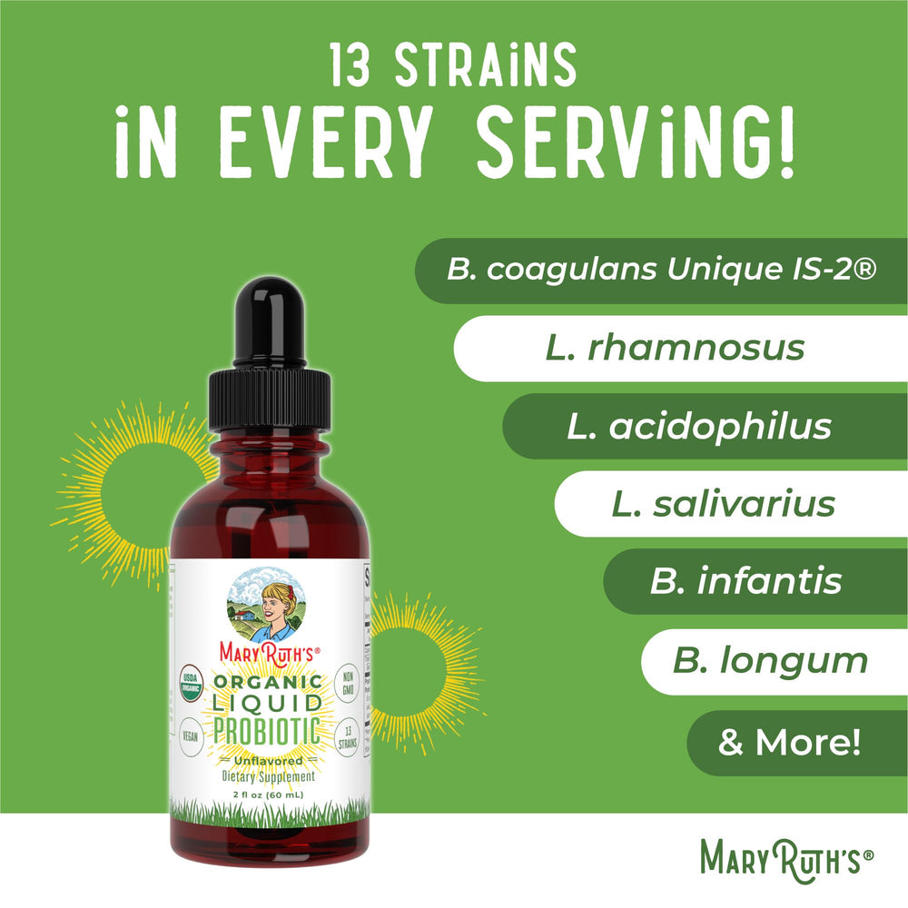 MaryRuth's Organics Liquid Probiotic label detail highlights clean organic ingredients