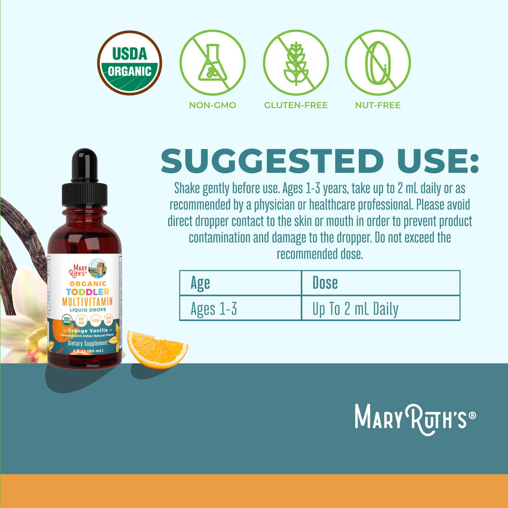 MaryRuth's Organics orange-vanilla flavor bottle entices kids during daily vitamins.