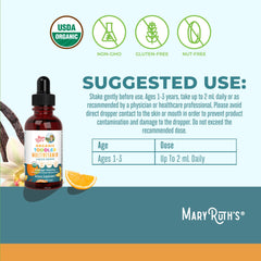 MaryRuth's Organics orange-vanilla flavor bottle entices kids during daily vitamins.