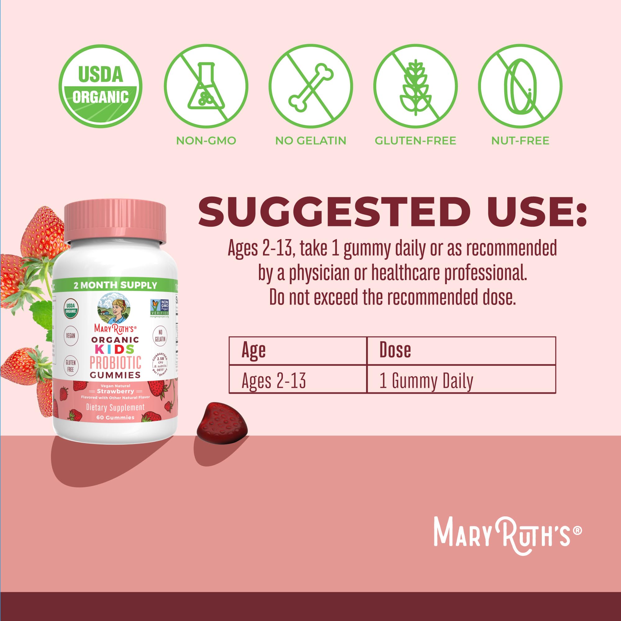 MaryRuth's Organics Bacillus subtilis probiotic potent for gut balance.