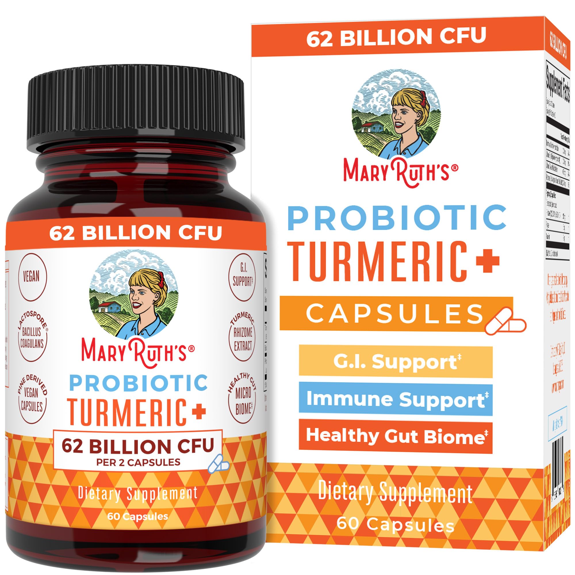 MaryRuth's Organics Probiotic Turmeric bottle highlights digestion-support formula.