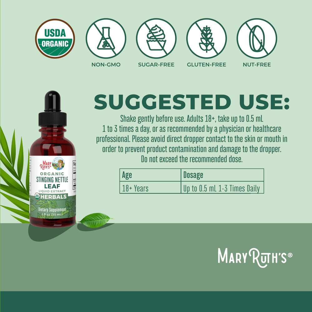 MARYRUTH'S Organics nettle leaf extract label showing vegan and gluten-free credentials