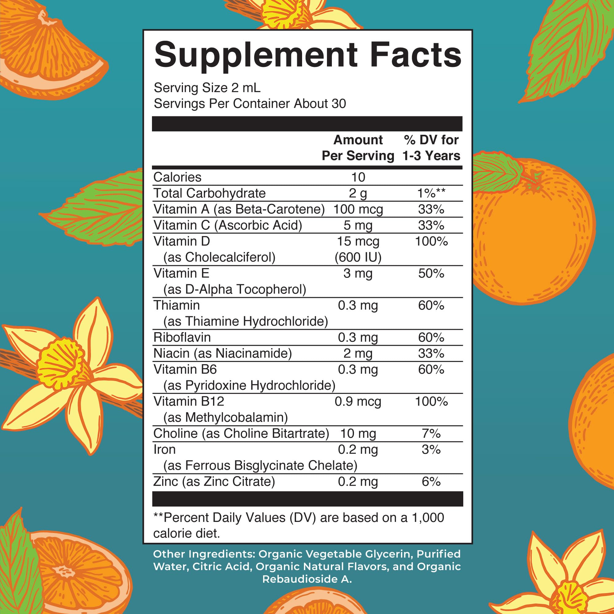 MaryRuth's Organics dropper shows 2 mL dose for easy toddler supplementation.
